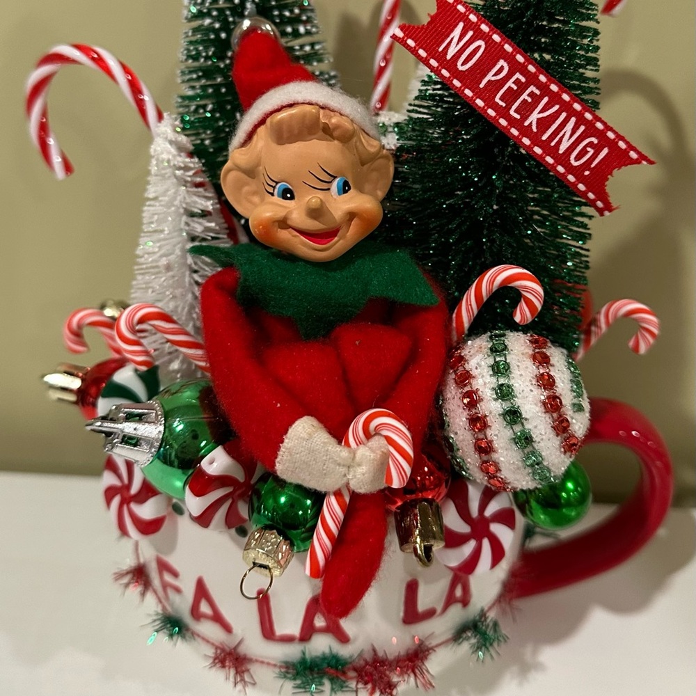 Festive Holiday Mug Assembly with Knee Hugger Elf and Candy Decorations